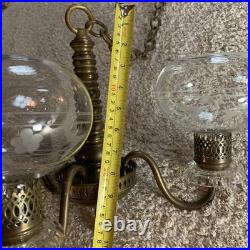 Vintage Art Deco Brass & Crystal Chandelier Etched Glass Shades, For Parts EUC