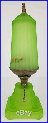 Vintage Art Deco Green Uranium Vaseline Glass Skyscraper Lamp Broken Shade Parts