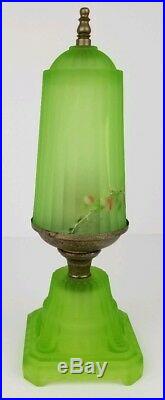 Vintage Art Deco Green Uranium Vaseline Glass Skyscraper Lamp Broken Shade Parts