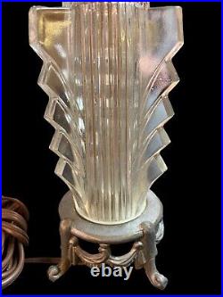 Vintage Art Deco MCM Bedroom Lamp Sculpted Glass & Metal 9 1/2 Tall PARTS ONLY
