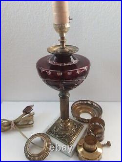 Vintage Bohemian Cranberry Ruby Glass & Brass Table Lamp For Parts Or Repair