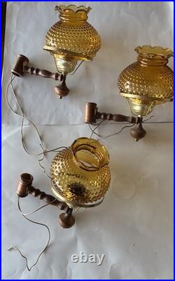 Vintage Brass Wood Hurricane Amber Hobnail Floor Lamp Parts Untested No Rod