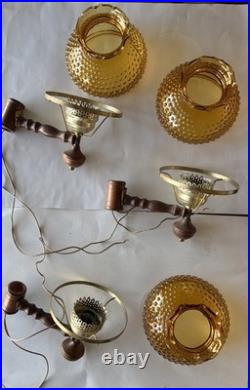 Vintage Brass Wood Hurricane Amber Hobnail Floor Lamp Parts Untested No Rod
