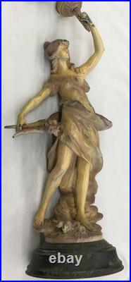 Vintage Clay Moreau Poured Cast Metal Lamp Base withWoman & Harp (Parts) 23 Tall