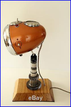 Vintage Desk Lamp From Motorcycle Headlight & Oak Base & Engine Part