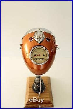 Vintage Desk Lamp From Motorcycle Headlight & Oak Base & Engine Part