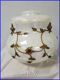 Vintage Electric Lamp Font Base Parts Applied Bronze Gold Flowers Iridized Pearl