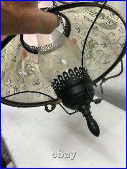 Vintage Farm House Hanging Tole Lamp With Chickens on Plastic Shade Parts Repair