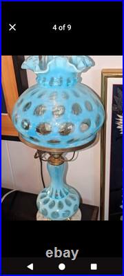 Vintage Fenton Blue Coin Dot Glass Base Only for Student Lamp for Parts