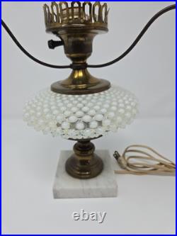 Vintage Fenton Hobnail Moonstone White Lamp Marble Base Brass Fittings
