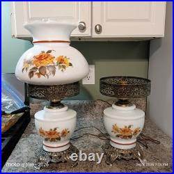 Vintage Floral Milk Glass Hurricane Table Lamps Pair 1 Works 1 Parts Repair