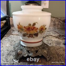 Vintage Floral Milk Glass Hurricane Table Lamps Pair 1 Works 1 Parts Repair