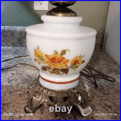 Vintage Floral Milk Glass Hurricane Table Lamps Pair 1 Works 1 Parts Repair