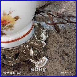 Vintage Floral Milk Glass Hurricane Table Lamps Pair 1 Works 1 Parts Repair
