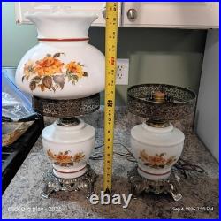 Vintage Floral Milk Glass Hurricane Table Lamps Pair 1 Works 1 Parts Repair