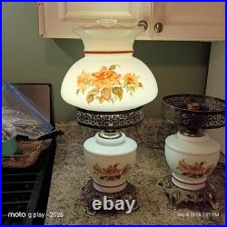 Vintage Floral Milk Glass Hurricane Table Lamps Pair 1 Works 1 Parts Repair