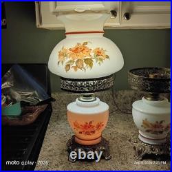Vintage Floral Milk Glass Hurricane Table Lamps Pair 1 Works 1 Parts Repair