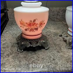 Vintage Floral Milk Glass Hurricane Table Lamps Pair 1 Works 1 Parts Repair