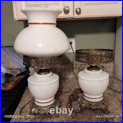 Vintage Floral Milk Glass Hurricane Table Lamps Pair 1 Works 1 Parts Repair