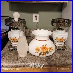 Vintage Floral Milk Glass Hurricane Table Lamps Pair 1 Works 1 Parts Repair