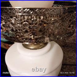 Vintage Floral Milk Glass Hurricane Table Lamps Pair 1 Works 1 Parts Repair