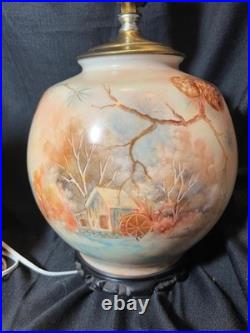 Vintage Hand Painted Porcelain Vase Lamp Landscape Barn Grist Mill & Pine Cones