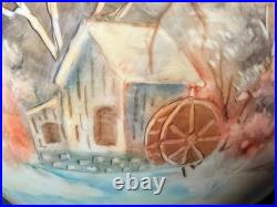 Vintage Hand Painted Porcelain Vase Lamp Landscape Barn Grist Mill & Pine Cones