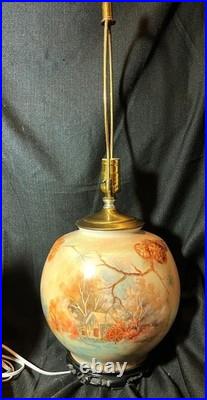 Vintage Hand Painted Porcelain Vase Lamp Landscape Barn Grist Mill & Pine Cones