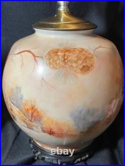 Vintage Hand Painted Porcelain Vase Lamp Landscape Barn Grist Mill & Pine Cones