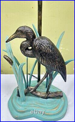 Vintage Heron Egret With Reeds Cast Iron Brass Metal Table Accent Lamp Light