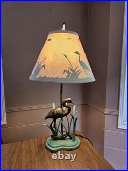 Vintage Heron Reeds Cast Iron Brass Metal Table Lamp Shadow Shade MCM 27