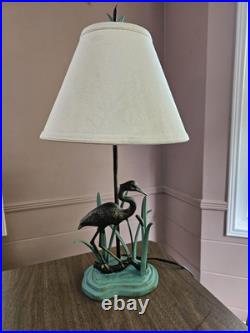 Vintage Heron Reeds Cast Iron Brass Metal Table Lamp Shadow Shade MCM 27