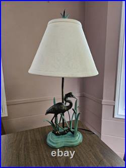 Vintage Heron Reeds Cast Iron Brass Metal Table Lamp Shadow Shade MCM 27