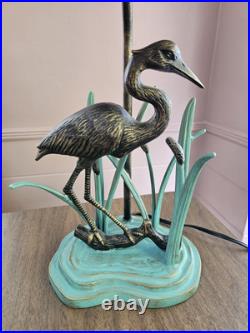 Vintage Heron Reeds Cast Iron Brass Metal Table Lamp Shadow Shade MCM 27