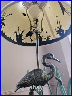 Vintage Heron Reeds Cast Iron Brass Metal Table Lamp Shadow Shade MCM 27