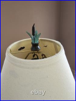 Vintage Heron Reeds Cast Iron Brass Metal Table Lamp Shadow Shade MCM 27