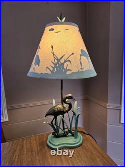 Vintage Heron Reeds Cast Iron Brass Metal Table Lamp Shadow Shade MCM 27