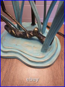 Vintage Heron Reeds Cast Iron Brass Metal Table Lamp Shadow Shade MCM 27