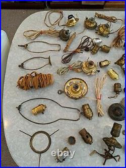 Vintage Huge Lot Assorted Lamp Sockets, Plugs, Finials, Clusters, Brass Parts
