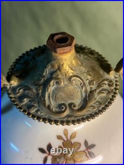 Vintage Porcelain Pottery Vase Urn Brass Bronze Mounted Lamp Base Light Fixture