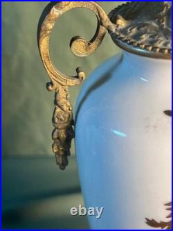 Vintage Porcelain Pottery Vase Urn Brass Bronze Mounted Lamp Base Light Fixture