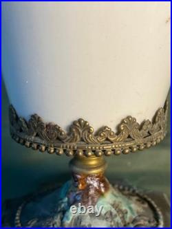 Vintage Porcelain Pottery Vase Urn Brass Bronze Mounted Lamp Base Light Fixture