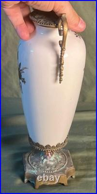 Vintage Porcelain Pottery Vase Urn Brass Bronze Mounted Lamp Base Light Fixture