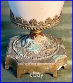 Vintage Porcelain Pottery Vase Urn Brass Bronze Mounted Lamp Base Light Fixture