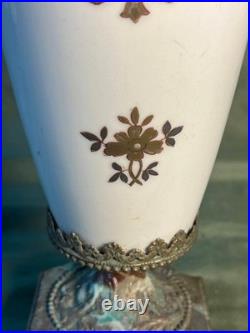 Vintage Porcelain Pottery Vase Urn Brass Bronze Mounted Lamp Base Light Fixture
