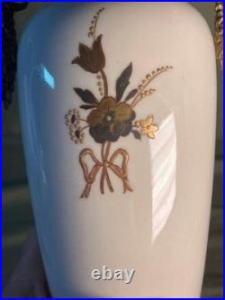 Vintage Porcelain Pottery Vase Urn Brass Bronze Mounted Lamp Base Light Fixture