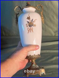 Vintage Porcelain Pottery Vase Urn Brass Bronze Mounted Lamp Base Light Fixture