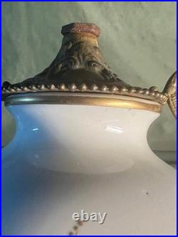 Vintage Porcelain Pottery Vase Urn Brass Bronze Mounted Lamp Base Light Fixture