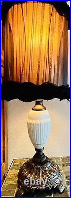 Vintage Retro Brass/Ceramic Accent Lamp, Art Deco, MCM, Sheer Black Shade