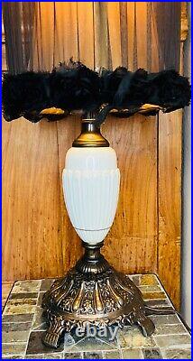 Vintage Retro Brass/Ceramic Accent Lamp, Art Deco, MCM, Sheer Black Shade